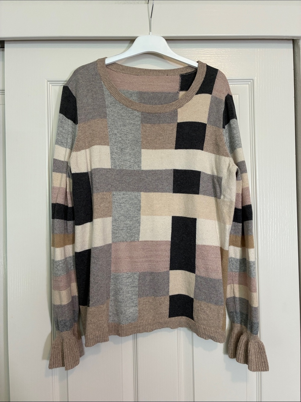 LOFT Neutral Patchwork Crewneck Sweater - Beige Gray Black Pink